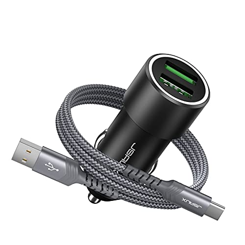 JSAUX Car Charger 36W Fast Charging, All Metal Dual USB QC 3.0 Cigarette Lighter Adapter with USB-C Cable[3.3ft] Compatible with Samsung Galaxy S10/S9/S8 Plus, Note 9/8, iPhone 7/8 Plus/X/XR/XS-Black