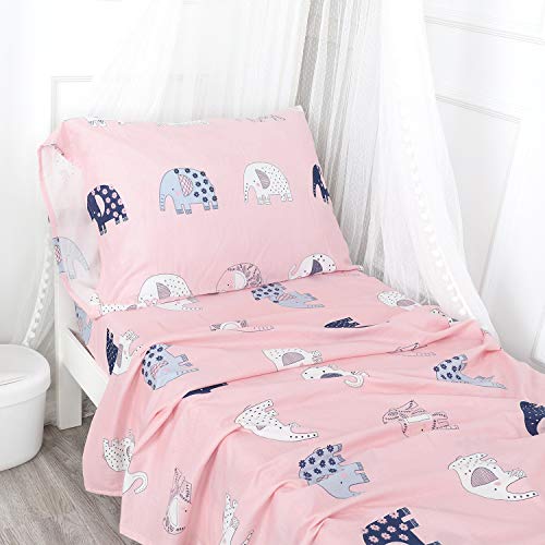 Designthology (U.S.) 100% Cotton Muslin 3-Piece Fitted Sheet and Pillowcase Toddler Sheet Set, Pink Elephant Cute Prints - Soft Breathable Toddler Bedding Set, Tailored for Boys and Girls