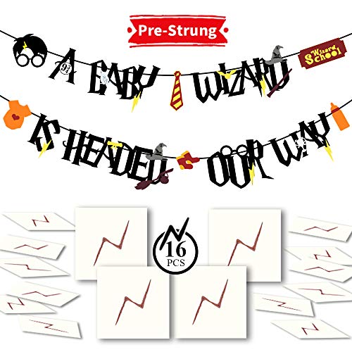 YoHold Baby Shower Banner and Lightning Bolt Tattoos for Magical Themed Baby Shower Party Decorations (1 Set Felt Banner+16 Pack Tattoos, Black)