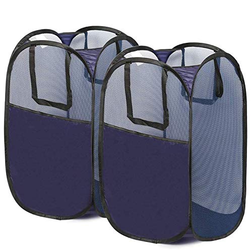 GANAMODA Mesh PopUp Laundry Hamper, Foldable Clothes Hamper with Reinforced Carry Handles, Collapsible for Storage, Easy to Open, Portable, 2 Pack, XL, Blue