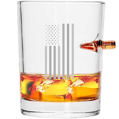 Lucky Shot - America Flag .308 Caliber Stuck In Glass | United States Constitution | America USA Patriotic Whiskey Glasses | Independence Day Gift Glass | Original Handcrafted Embedded Barware (11 oz)