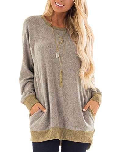 GADEWAKE Womens Casual Color Block Long Sleeve Round Neck Pocket T Shirts Blouses Sweatshirts Tops Khaki