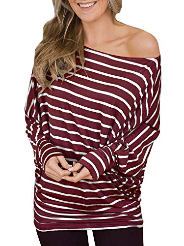 Chuanqi Womens Striped Shirt Oversized Off The Shoulder Tunic Tops Casual Batwing Sleeve T Shirts