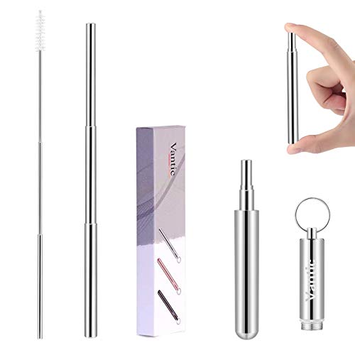 Vantic Reusable Metal Straws, Collapsible Reusable Straws with Case, Portable Travel Stainless Steel Drinking Straws with Keychain and Cleaning Brush, 1 Pack