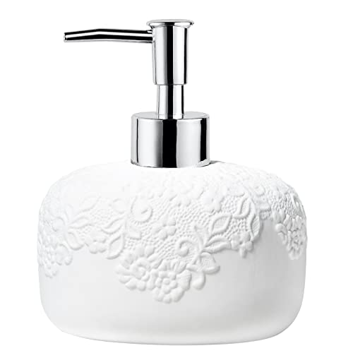 White Soap Dispenser, Ceramic Countertop Lotion Dispenser 14oz with Embossed Design, Bathroom Refillable Lotion Bottle for Shower Soaps Shampoo Kitchen Organization, ANTIS'S HOME