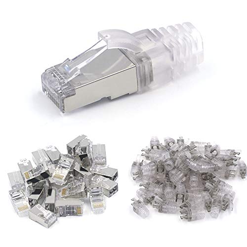 VCE 50-Pack Nickel Plated Shielded RJ45 Cat6/Cat5E Modular Connector Plug for Cat5E/Cat6 Cables with Cat6/Cat5E Ethernet RJ45 Cable Cap Connector Strain Relief Boots UL Listed