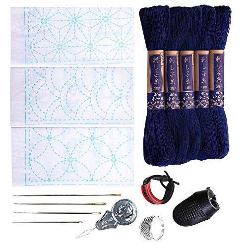 Verve Joy Sashiko kit, Yokota Sashiko Thread, Needles and Template Yume Fukin with Original English Manual, Thimble Sewing Set, Fabric, Japanese Textile (Navy Thread/White Dishcloth 1)