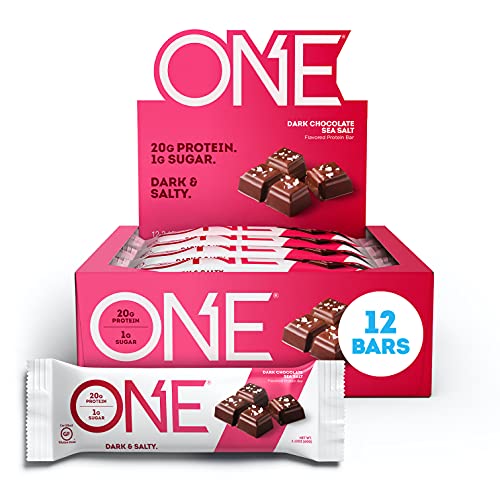 ONE 1 Protein Bars, Dark Chocolate Sea Salt, No Gluten, 20g Protein & only 1g Sugar, Guilt-Free Snacking for Diets, 2.12 Oz, 12 Count