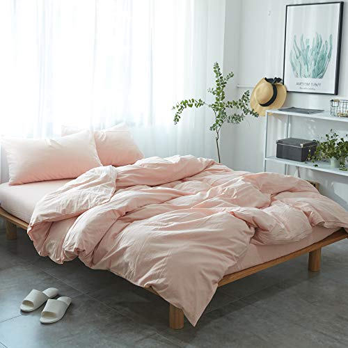 mixinni 3 Pieces Washed Cotton Duvet Cover Full Size Solid Pink Bedding Duvet Cover Set with Zipper Ties Girls Women (1 Duvet Cover + 2 Pillow Shams),Easy Care,Soft,Durable (Pink,Queen)