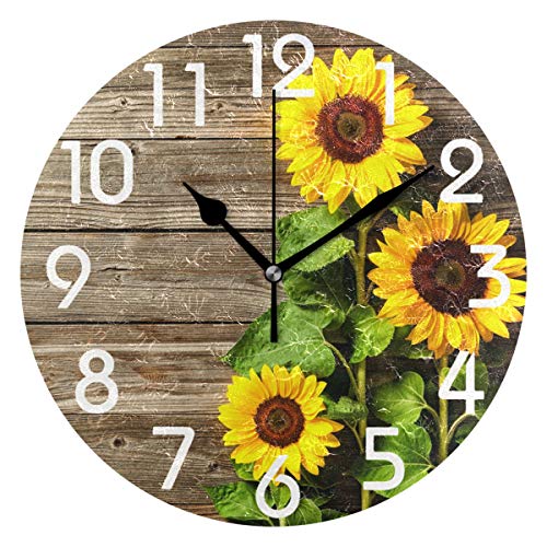 Book Cover Naanle Stylish 3D Beautiful Sunflowers Vintage Wood Print Round Wall Clock, 9.5 Inch Battery Operated Quartz Analog Quiet Desk Clock for Home,Office,School