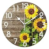 Naanle Stylish 3D Beautiful Sunflowers Vintage Wood Print Round Wall Clock, 9.5 Inch Battery Operated Quartz Analog Quiet Desk Clock for Home,Office,School