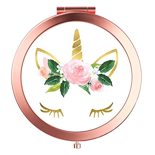 YCKMD Rose Gold Travel Purse Mirror Compact Double Sides 2X & 1x Magnification Hand Mirror Metal Round Bohemian Mirror for Women and Girls-Unicorn