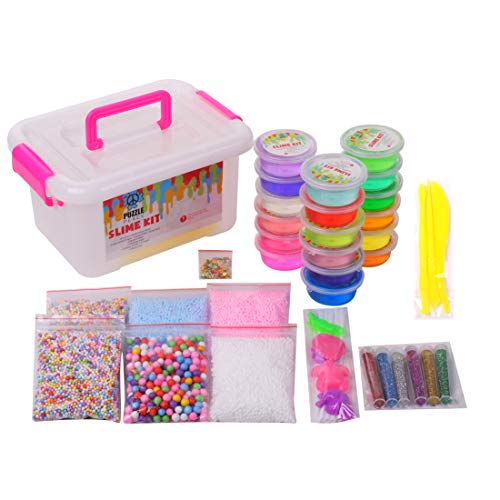 PUZZLE PEACE DIY Slime Kit Includes 18 Crystal Clear Colorful Slime Cups, 6 Bags of Foam Balls, 1 Bag of Fruit Slices, 6 Different Glitters, 4 Shape Molds, and 3 Mixing Tools, Storage container!