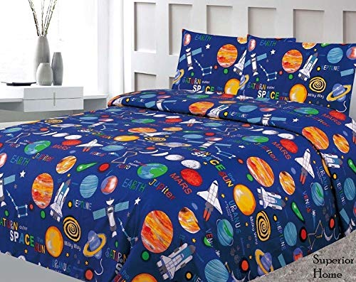 Book Cover Sapphire Home Four (4) Piece Full Size Print Sheet Set with Fitted, Flat and 2 Pillow Cases, Space Planets Rockets Blue Multicolor Boys Kids Bedding Sheets