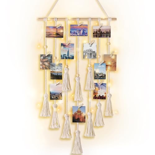 Mkono Hanging Photo Display Macrame Wall Hanging Pictures Organizer Boho Home Decor, with 30 Wood Clips