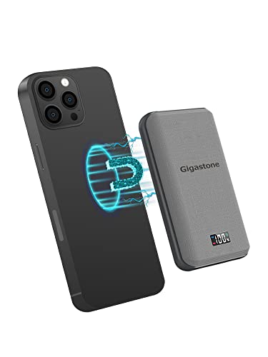 Book Cover Gigastone Magnetic Wireless Power Bank 10000mAh Portable Magnetic Charger, Type-C USB-A Input/Output Magnetic Battery Pack, Up to 3A/15W Fast Charging for iPhone 13/14 Series