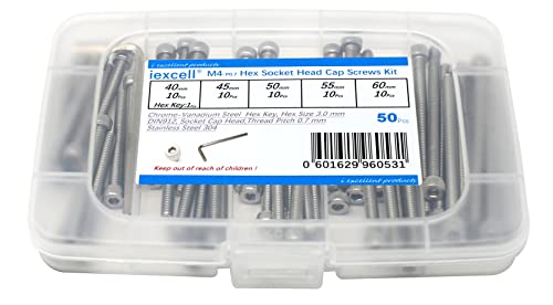 iexcell 50 Pcs M4 x 40/45/50/55/60 Stainless Steel 304 Hex Socket Head Cap Screws Bolts Assortment Kit