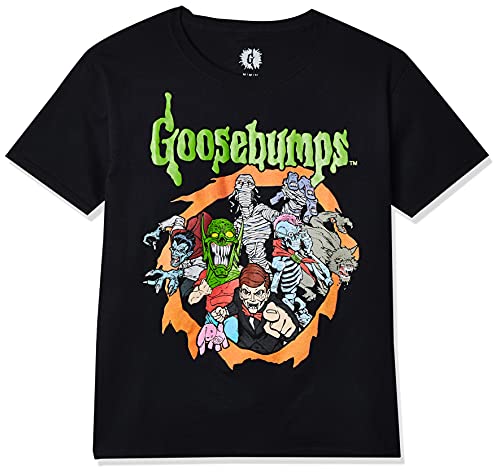 Mad Engine Kids Boys' Big Goosebumps Logo and Characters Glow-in-The-Dark Kids T-Shirt, Black, Medium