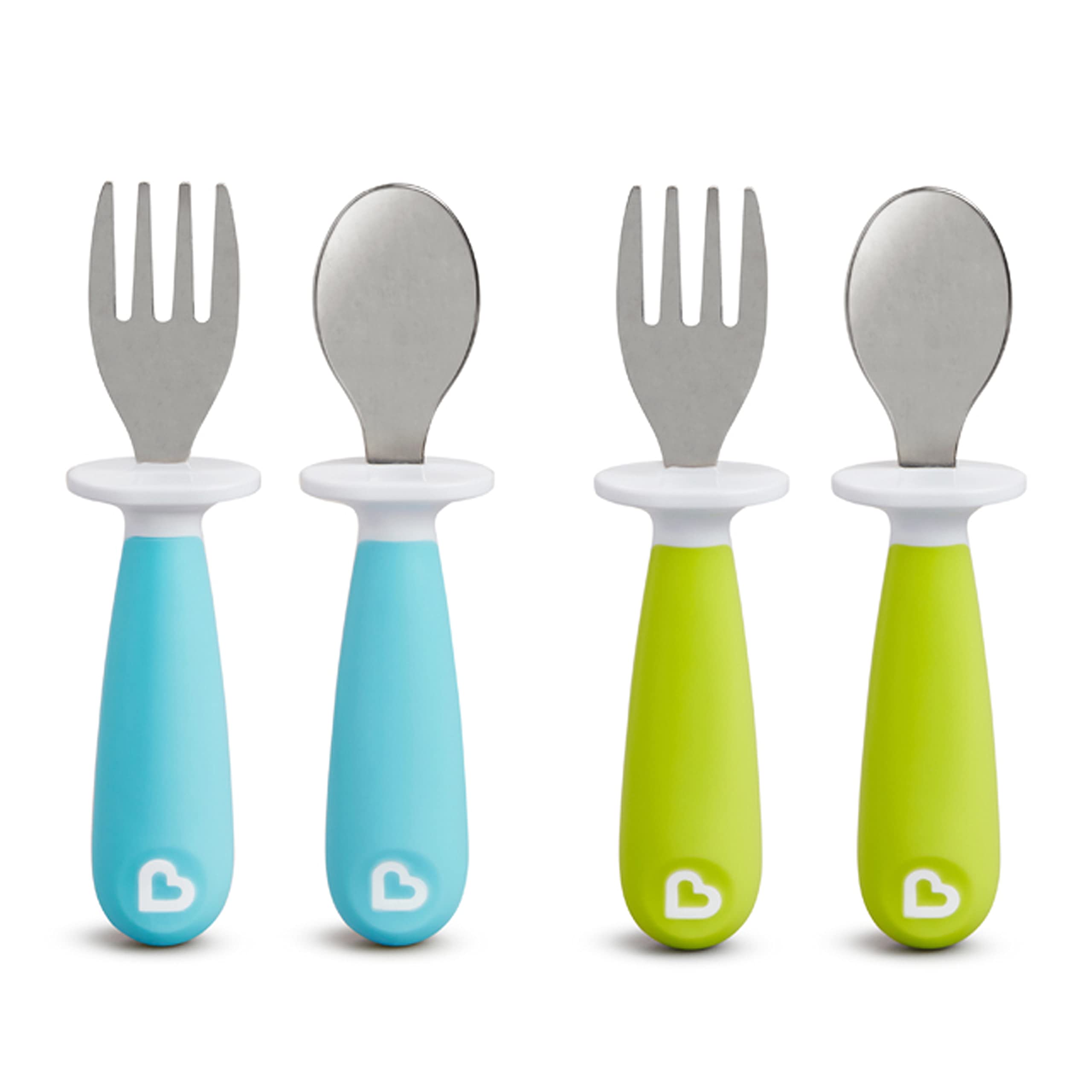 Book Cover Munchkin® Raise™ Toddler Fork and Spoon Utensil Set, 4 Pack, Blue/Green 4 Count (Pack of 1) Blue/Green