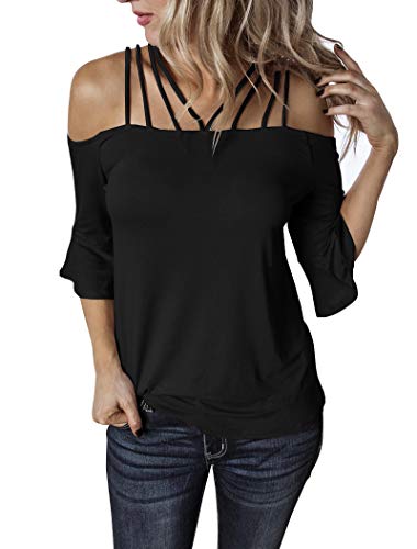 Hilltichu Women's Spaghetti Straps Cold Shoulder Tops Half Sleeve Shirt Blouse