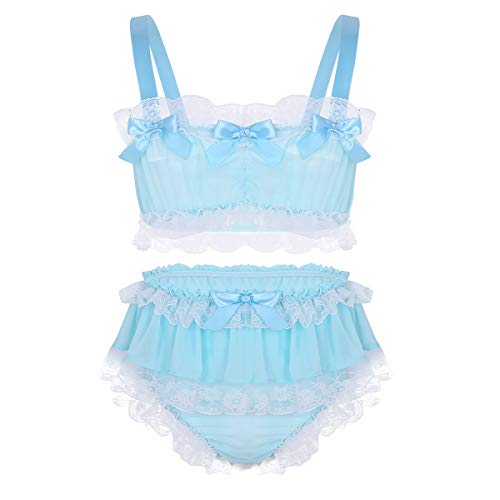 inlzdz Men's Sissy 2 Pieces Lingerie Set Ruffled Lace Crop Top Girly Skirted Panties Nightwear