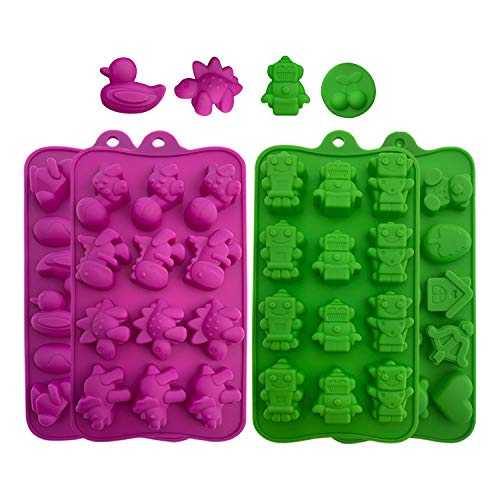 Silicone Candy Molds, Chocolate Molds: BPA Free Baking Molds for Chocolate, Shaping Hard or Gummy Candies, Keto Fat Bombs, Jello, Ice Cubes- Animals, Dinosaur, Robots, Ducks, Cute Shapes Molds, 4 Pack
