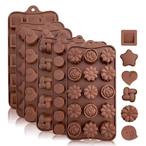 Book Cover Silicone Candy and Chocolate Molds: Flexible Baking Molds for Chocolate, Shaping Hard or Gummy Candies, Keto Fat Bombs, Jello - Hearts, Stars, Flowers, Emojis, Fun Shapes in Brown Trays, 6 Pack
