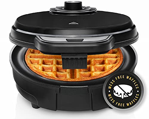 Book Cover Chefman Anti-Overflow Belgian Waffle Maker w/Shade Selector, Temperature Control, Mess Free Moat, Round Iron w/Nonstick Plates & Cool Touch Handle, Measuring Cup Included, Black