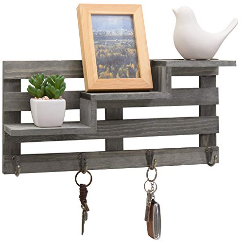 MyGift Wall Mounted Vintage Gray Wood Entryway Key Holder Rack and Wall Decor with 3 Tier Stair Display Shelf