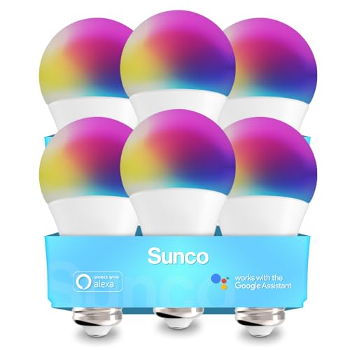 Sunco Lighting Smart WiFi Bulbs Alexa A19 Dimmable LED, Multicolored RGB, 6W, 480 LM, E26 Base, Tunable White, Color Changing Compatible with Amazon Alexa & Google Assistant, No Hub Required 6 Pack