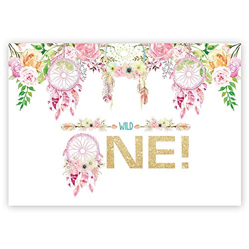 Funnytree 7x5ft Pink Flowers Wild one Backdrop Rustic First Birthday Baby Girl Photography Background Trible Floral Boho Dreamcatcher Party Invitation Decorations Cake Table Banner Photobooth