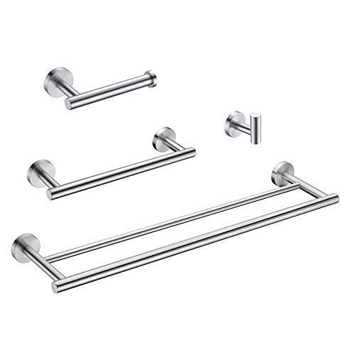 Hoooh 4-Piece Bathroom Accessories Set Brushed Stainless Steel Wall Mount - Includes Double Towel Bar, Hand Towel Rack, Toilet Paper Holder, Robe Hooks, BS100S4-BN