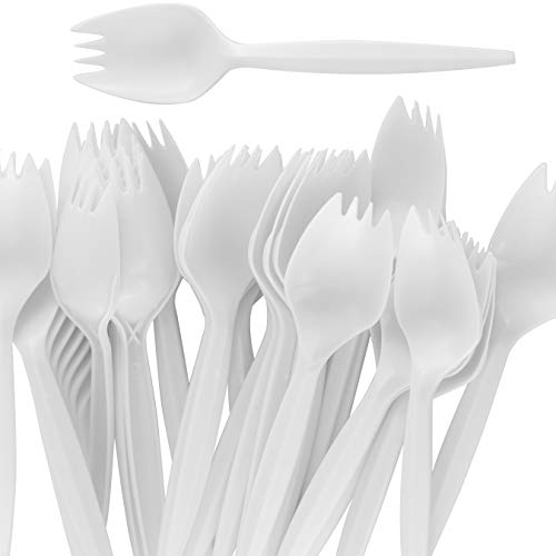 Book Cover Durable BPA-Free White Disposable Sporks 50 pack. Recyclable, Eco-Friendly, Travel and Kid Safe Fork and Spoon 2-in-1 Eating Utensils. Cutlery for School Lunch, Picnics, Camping and Arts and Crafts