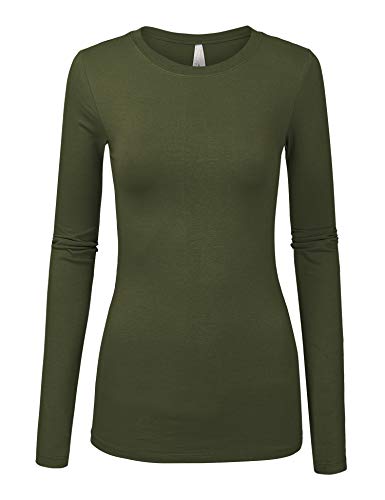 Book Cover COLOR STORY Womens Junior Basic Solid Multi Colors Slim Fit Long Sleeve Round Neck Top - Green - Medium
