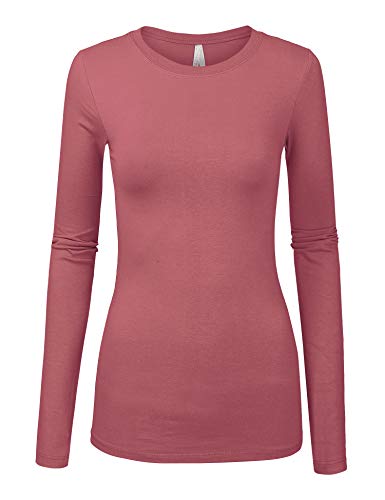 Book Cover COLOR STORY Womens Junior Basic Solid Multi Colors Slim Fit Long Sleeve Round Neck Top (1100-Dusty Pink, Medium)