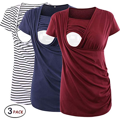 Ecavus 3 Packs Women's Ruched Side-Shirred Nursing Top Breastfeeding Tee Shirt