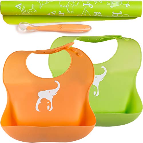Premium Silicone Baby Bibs Set | Waterproof Silicone Bibs PVC and BPA Free! Designed to Ease Feeding for Babies and Toddlers! Easy to Clean! Roll up Travel!