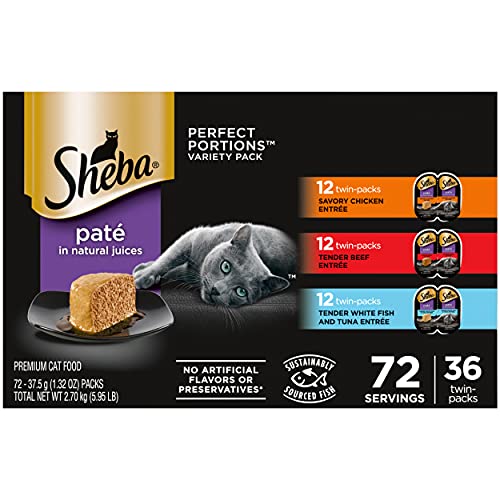 SHEBA PERFECT PORTIONS Paté Wet Cat Food Trays (36 Count, 72 Servings), Savory Chicken, Tender Beef, Tender Whitefish & Tuna Entrée, Easy Peel Twin-Pack Trays