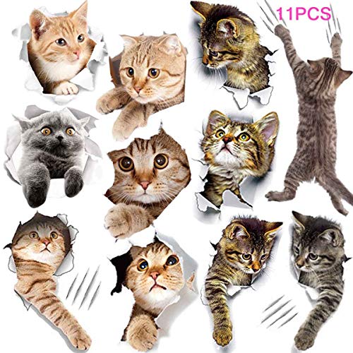 Book Cover 11PCS New 3D Removable Cartoon Animal Cats Large Wall Stickers, Easy to Peel Easy to Stick Safe on Painted Walls Cute Cat Decor Posters for Nursery Room Toilet Kitchen Offices