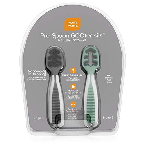 Book Cover NumNum Pre-Spoon GOOtensils | Baby Spoon Set (Stage 1 + Stage 2) | BPA Free Silicone Self Feeding Toddler Utensils | for Kids Ages 6 Months+, 1-Pack, Two Spoons, Storm Gray/Glacier Green
