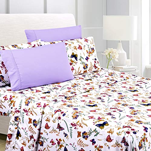 Book Cover American Home Collection Deluxe 6 Piece Printed Sheet Set of Brushed Fabric, Deep Pocket Wrinkle Resistant - Hypoallergenic (King, Purple Butterfly)