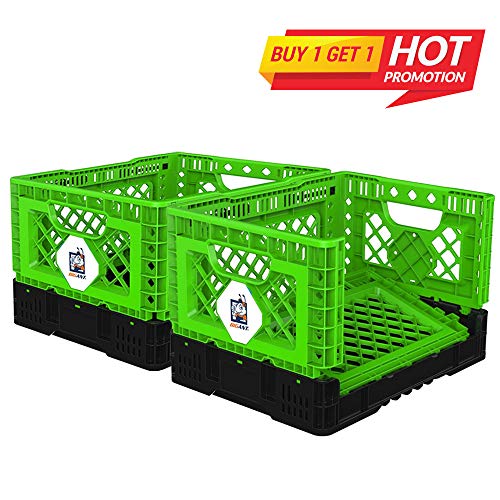 BIGANT Heavy Duty Collapsible & Stackable Plastic Milk Crate - IP403026, 26 Quarts, Small Size, Green, Set of 2, Snap Lock Foldable Industrial Garage Storage Bin Container Utility Basket