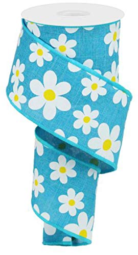 2.5" Flower Daisy Ribbon: Tuquoise Blue (10 Yards) Summer Spring Floral Wired RibbonRG0193534