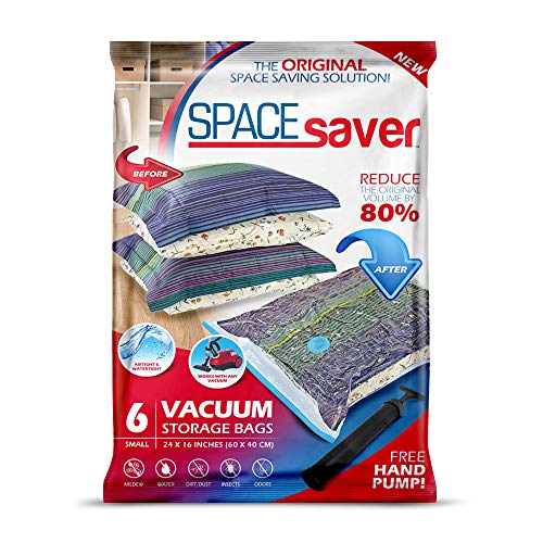 Book Cover Spacesaver Premium Vacuum Storage Bags. 80% More Storage! Hand-Pump for Travel! Double-Zip Seal and Triple Seal Turbo-Valve for Max Space Saving! (Small 6 Pack)