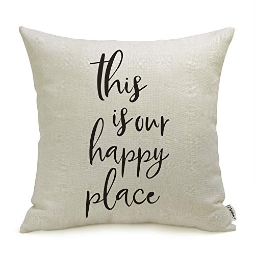 Meekio Farmhouse Pillow Covers with This is Our Happy Place Quotes 18" x 18" Farmhouse Decor Housewarming Gifts