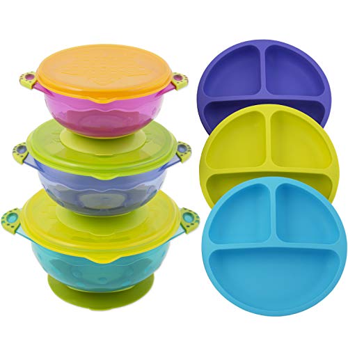 Book Cover Toddler Plates and Bowls | Baby Bowls with Suction in 3 Different Sizes w/Air Tight Lid | Divided Silicone Plate - Unbreakable, Easy Clean & Perfect for Fussy Eaters | Baby Feeding Set