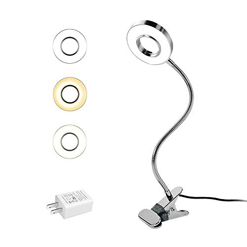 Book Cover EYOCEAN LED Reading Light, Dimmable Clamp Lamp for Bed Headboard, Bedroom, Office, 3 Modes 10 Dimming Levels, Flexible Clip Light, Adapter Included, 7W, Silver