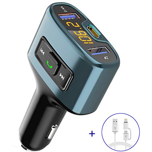 Bluetooth FM Transmitter for Car, Wireless Radio Adapter Receiver Music Player Car Kit with Type-C Car Quick Charger Port & Dual USB Ports, Support USB Flash Drive, Hands-Free Calling