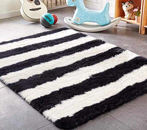 Book Cover PAGISOFE Black and White Striped Shaggy Area Rugs for Living Room Bedroom 4x5.3 Feet Plush Fuzzy Stripes Patterned Rugs Footcloth Floor Shag Carpet for Kids Nursery Fluffy Accent Home Room Decor