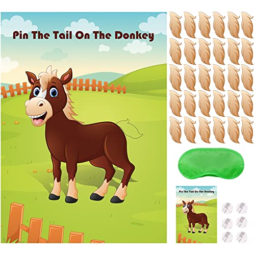 Book Cover Pin The Tail On The Donkey Party Game for Kids Birthday Party Supplies Donkey Party Favors, Large Donkey Games Poster with 30 Pcs Tails
